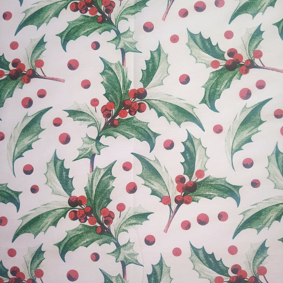 Christmas Canvas Panama Fabric - Holly Leaves - Red Berries - Xmas Craft Upholstery Fabric