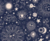 Cotton Fabric - Navy Blue Zodiac Sun Moon & Stars - Digital Print Fabric