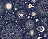 Cotton Fabric - Navy Blue Zodiac Sun Moon & Stars - Digital Print Fabric