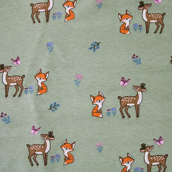 Soft Jersey Fabric - Cute Deer & Fox Sage Green Cotton Stretch Clothing Fabric