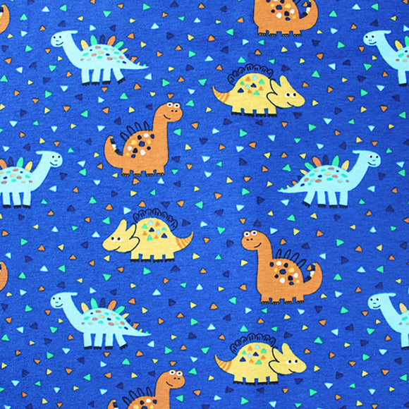 Soft Jersey Fabric - Cute Happy Dinosaur Blue Cotton Stretch Clothing Fabric