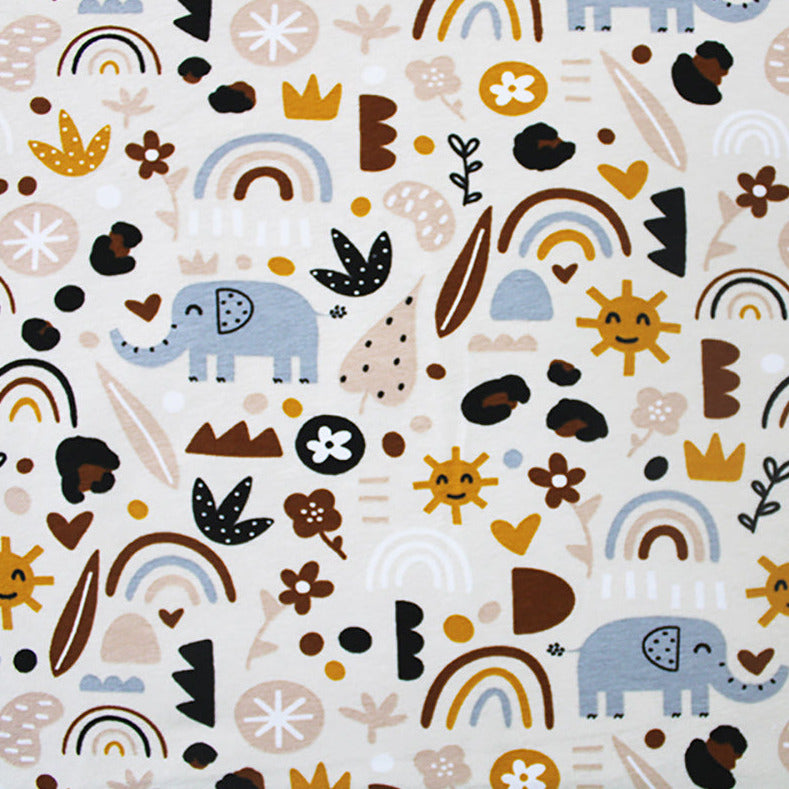 Soft Jersey Fabric - Cute Happy Elephant Cream Cotton Stretch Clothing Fabric