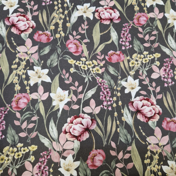 Cotton Canvas Fabric - Pink White & Yellow Floral Design on Olive Green