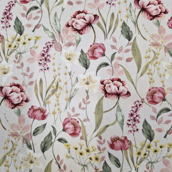 Cotton Canvas Fabric - Pink White & Yellow Floral Design on Cream Ecru