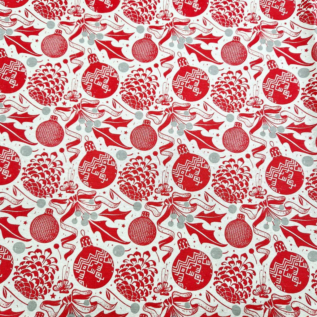 Christmas Canvas Panama Fabric - Red Baubles - Bows - Pinecones - Xmas Craft Upholstery Fabric