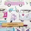 Cotton Fabric - Happy Campers Candy Pink Camper Van Scooter Craft Fabric Material