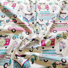 Cotton Fabric - Happy Campers Candy Pink Camper Van Scooter Craft Fabric Material