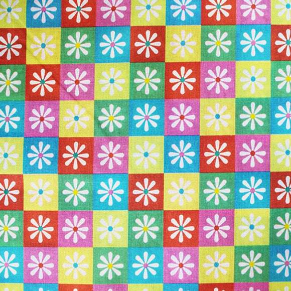 Craft Cotton Fabrics ~ Bright Multicoloured Check Daisy Flowers  - 100% Cotton Digital Prints