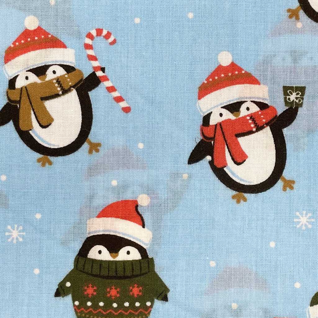 Polycotton Fabric - Winter Penguins on Blue - Craft Fabric Material