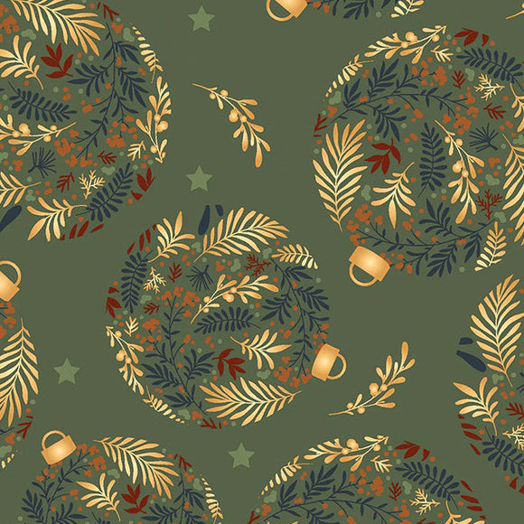 Christmas Fabric - Floral Christmas Baubles on Khaki Green - Craft Fabric Material