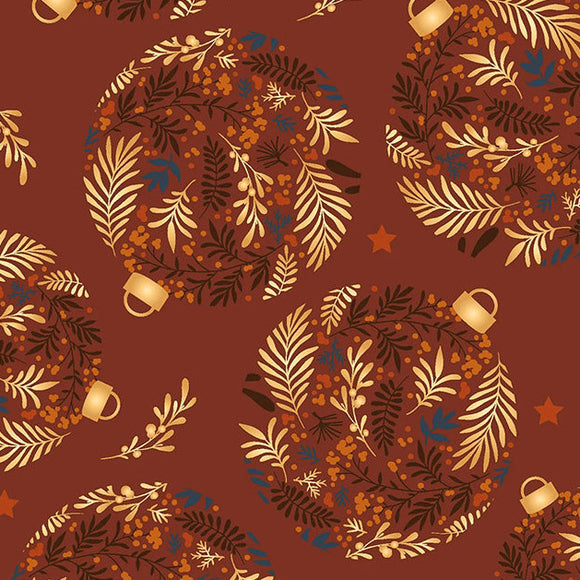 Christmas Fabric - Floral Christmas Baubles on Rust Red - Craft Fabric Material