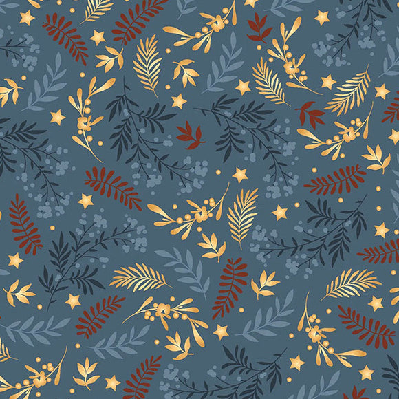 Christmas Fabric - Floral Christmas Branches on Denim Blue - Craft Fabric Material
