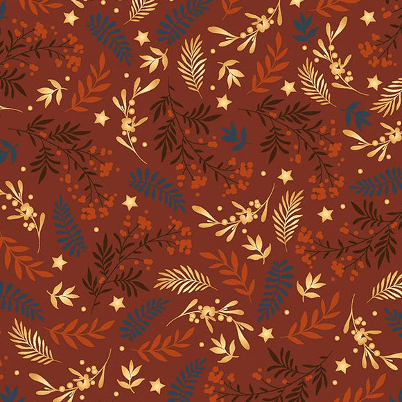 Christmas Fabric - Floral Christmas Branches on Rust Red - Craft Fabric Material