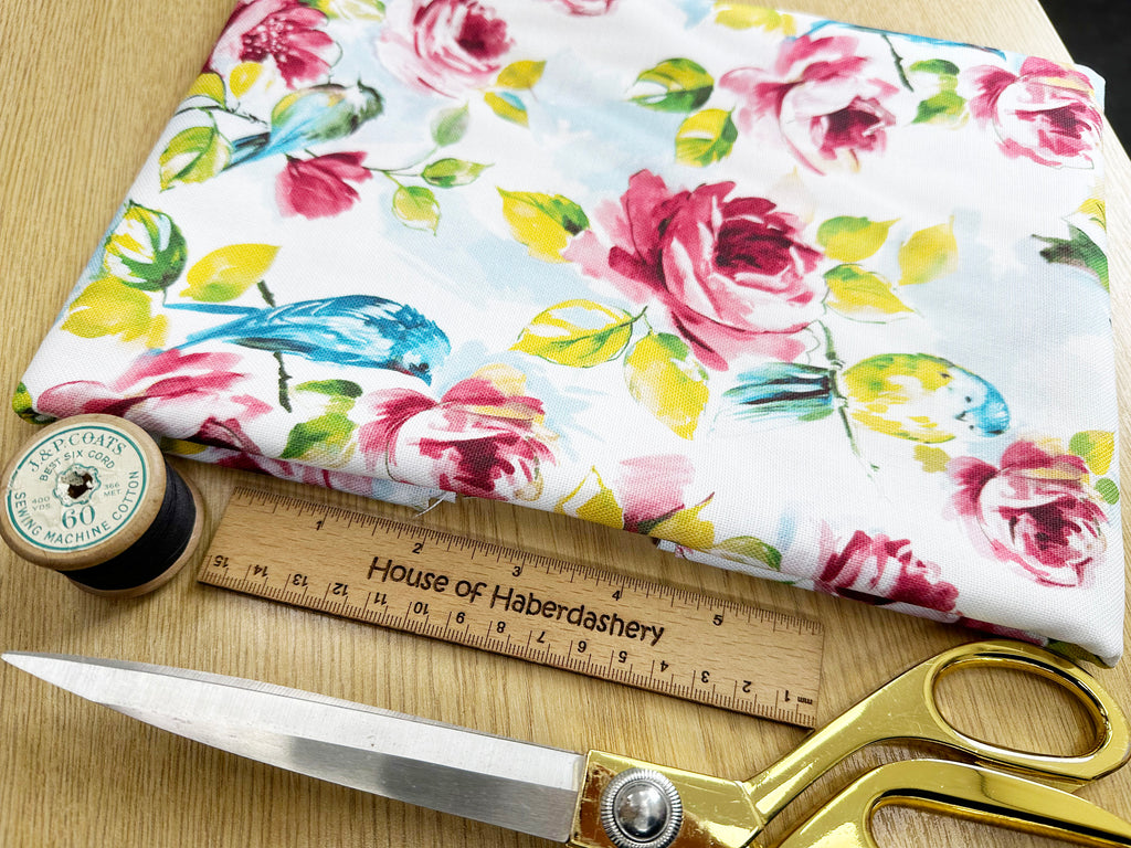 FABRIC REMNANT - Pretty Blue Bird & Pink Rose Floral Canvas Fabric - 0.5m Length