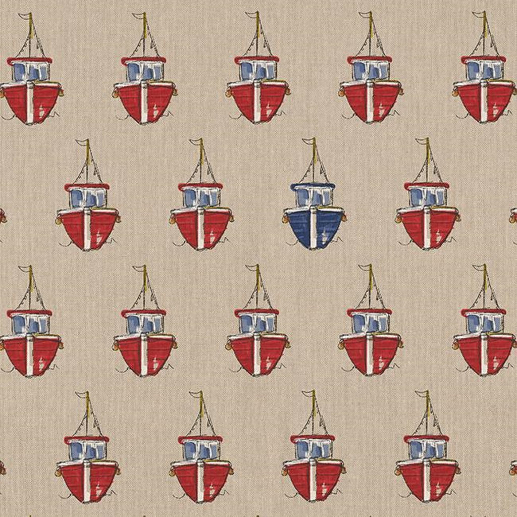 Linen Look Canvas Fabric - Sea Shore Boats Print - Upholstery Cushion Curtain Craft Fabric