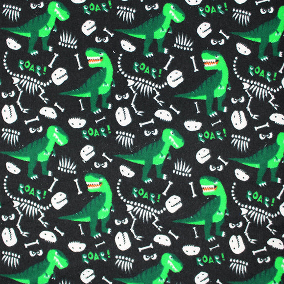 Soft Touch Brushed Cotton Winceyette Fabric - Green Dinosaur Bones Black Fabric