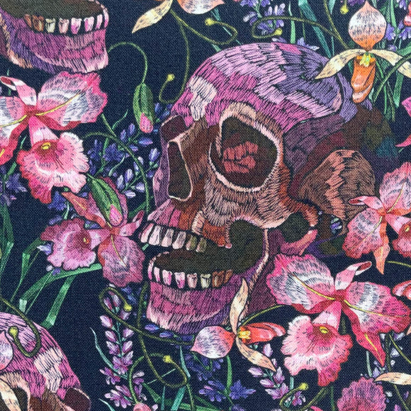 Digital Print Fabric - Orchid Flowers & Skulls on Black - 100% Cotton