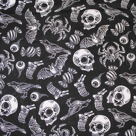 Halloween Fabric - Black White Skulls & Spiders - Polycotton Craft Fabric