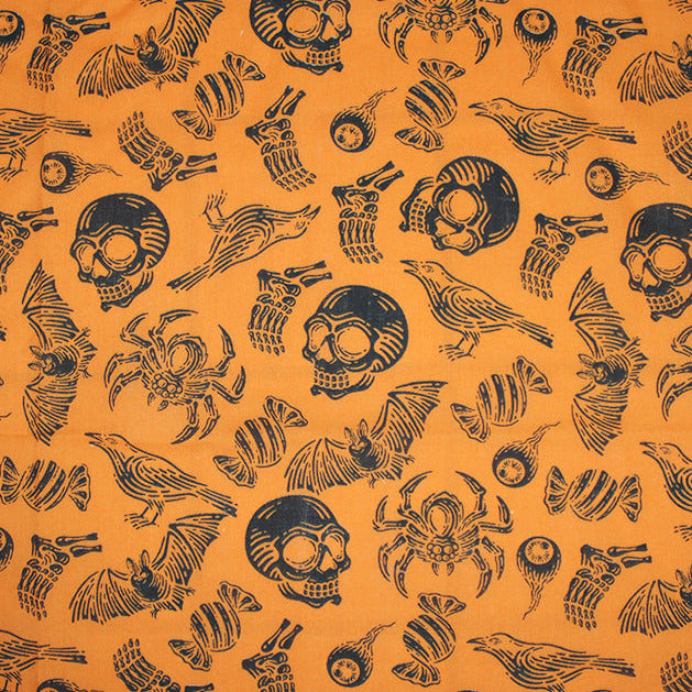 Halloween Fabric - Orange Black Skulls & Spiders - Polycotton Craft Fabric
