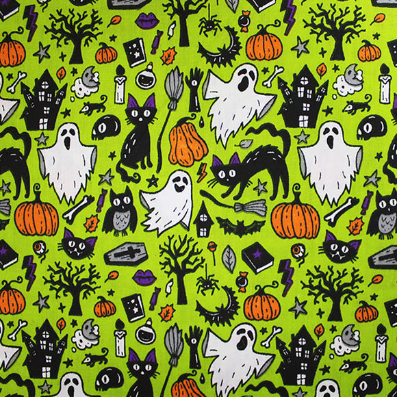 Halloween Fabric - Spooky Ghosts & Cats on Lime Green - Polycotton Craft Fabric