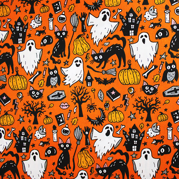 Halloween Fabric - Spooky Ghosts & Cats on Orange - Polycotton Craft Fabric