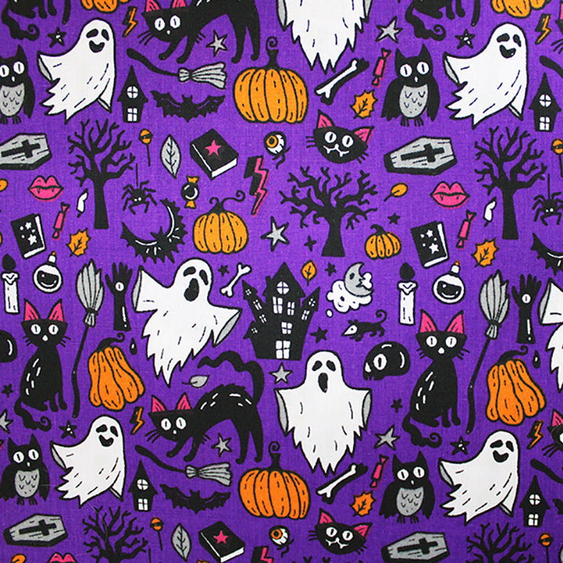 Halloween Fabric - Spooky Ghosts & Cats on Purple - Polycotton Craft Fabric