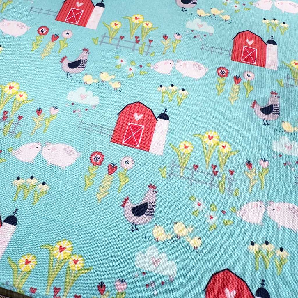 Nutex Fabric - Cute Farmyard Chickens & Pigs - Cotton Quilting Craft Fabric