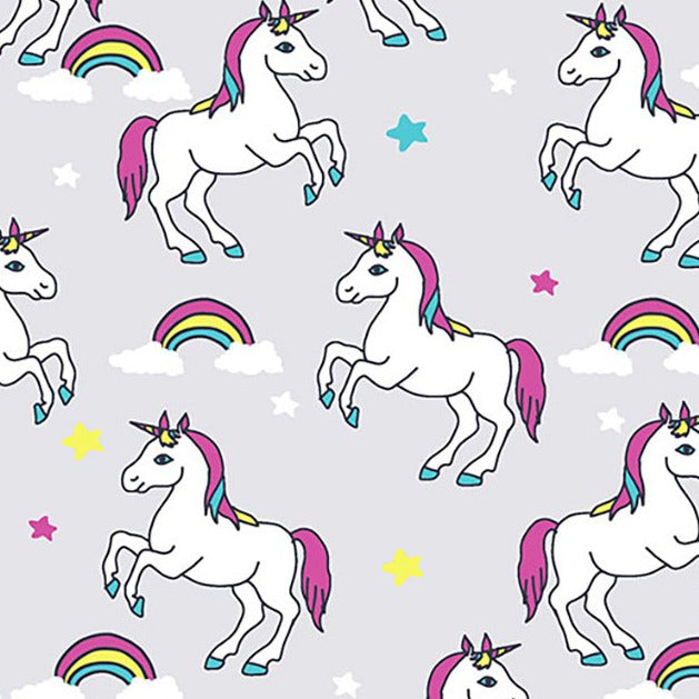 Cotton Fabric - Rainbow Unicorns on Silver Grey - Craft Fabric Material Metre