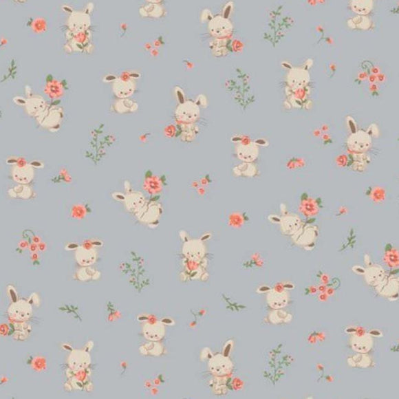 Children's Fabric - Grey Sweet Bunny & Pink Floral - Organic Cotton Craft Fabric