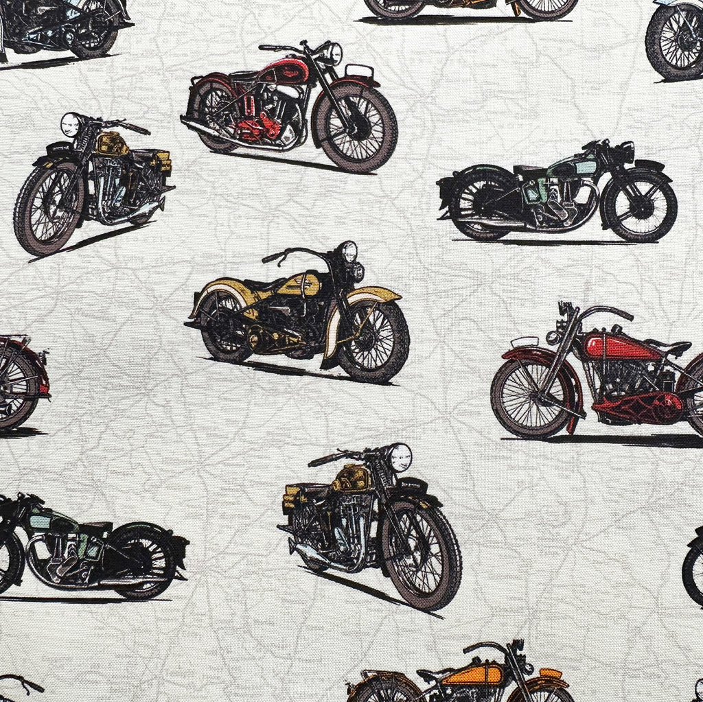 100% Cotton - Live to Ride - Classic Motorbikes on Cream - Nutex Fabric