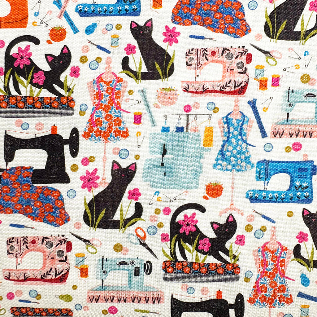 100% Cotton - Purrfect Stitches - Cute Cats & Sewing Machines - Nutex Fabric