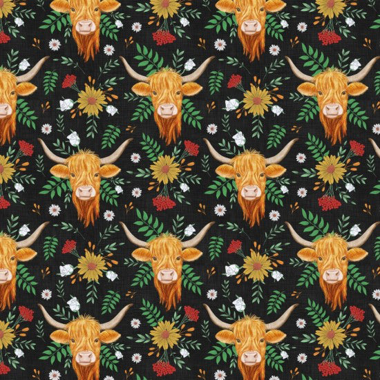 Nutex Fabric - Highland Cow Blooms - Cotton Quilting Craft Fabric