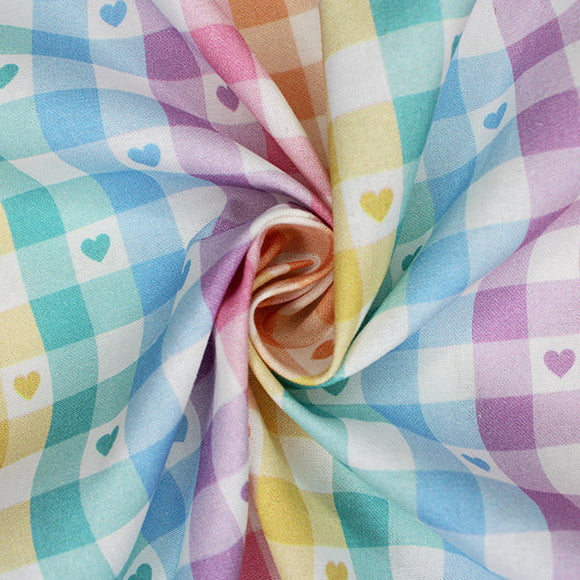Premium Cotton Fabric - Rainbow Love Hearts Check - Little Johnny's Digital Print Fabric