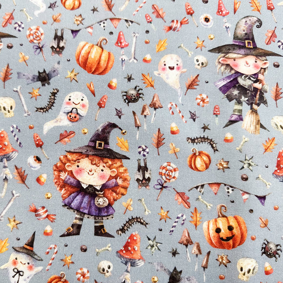 Cotton Fabric - Cute Little Witch Pumpkin Halloween - Digital Print Craft Fabric