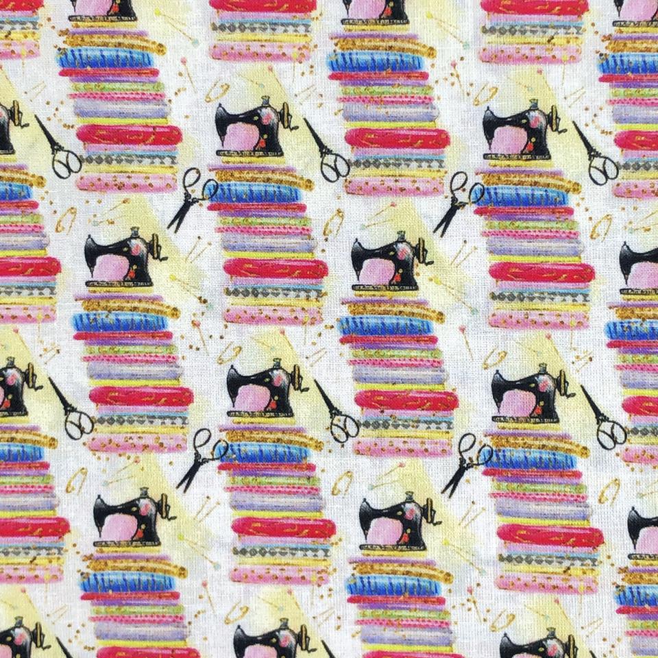 Cotton Fabric - Vintage Sewing Machine - Digital Print Craft Fabric Material