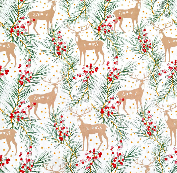 Christmas Canvas Panama Fabric - Stags - Berries - Stars - Xmas Craft Upholstery Fabric