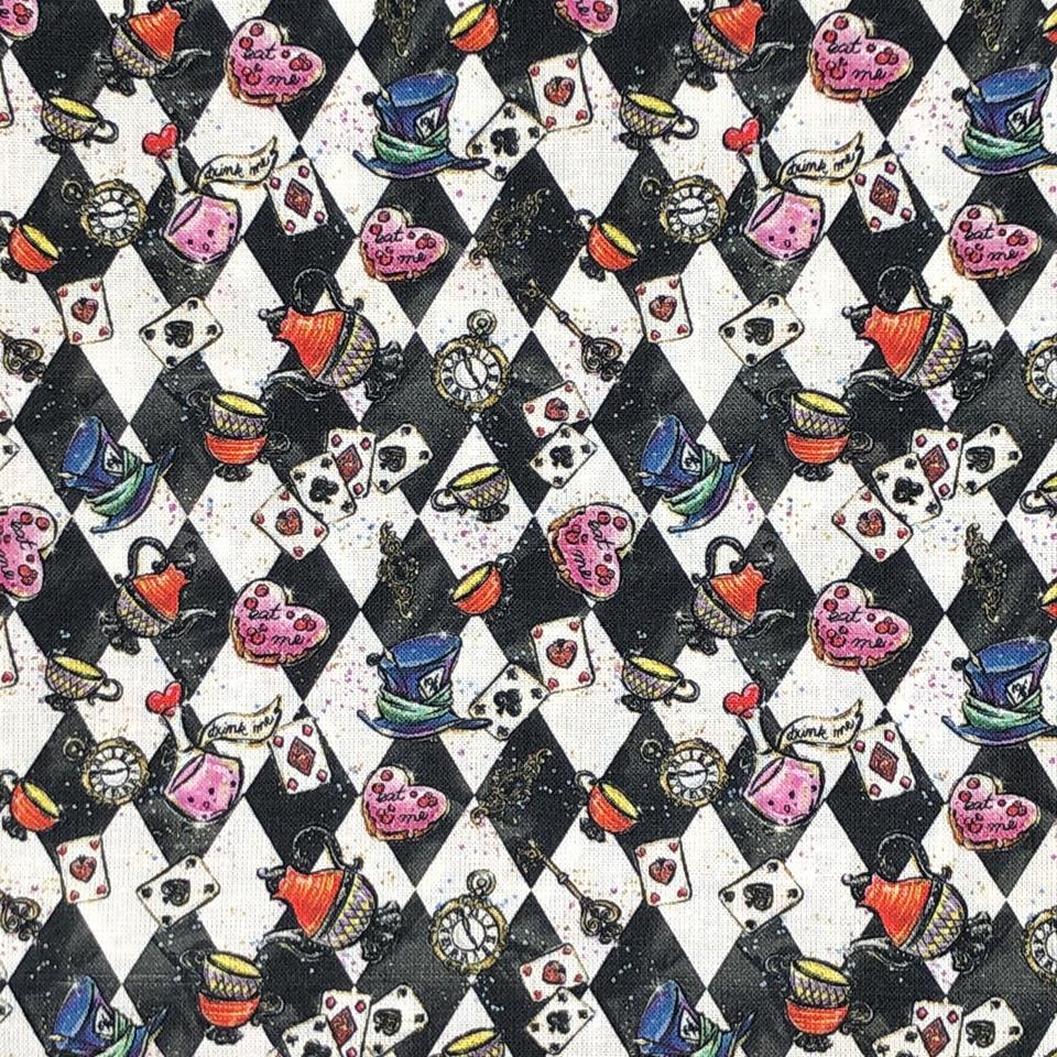 Cotton Fabric - Alice in Wonderland Black & White - Digital Print Craft Fabric Material