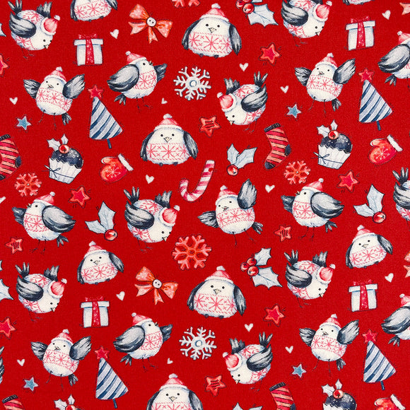 Christmas Fabric - Red Robins on Red Background - Cotton Fabric