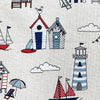 Canvas Fabric - Beach Huts Lighthouses Boats on NATURAL - Craft Fabric Material