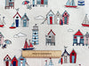 Canvas Fabric - Beach Huts Lighthouse Boats Seaside Print Craft Fabric
