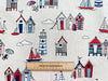 Canvas Fabric - Beach Huts Lighthouses Boats on NATURAL - Craft Fabric Material