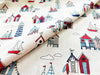 Canvas Fabric - Beach Huts Lighthouses Boats on NATURAL - Craft Fabric Material