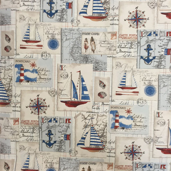 Cotton Panama Canvas Fabric - Nautical Boats & Map Print