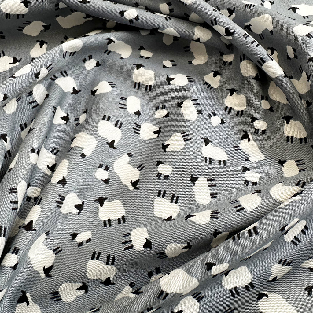 Cotton Poplin Prints - White Sheep Print on Silver Grey