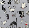 Cotton Fabric - Cute Crazy Cats Print on Grey