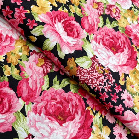Cotton Fabric - Bright Pink Summer Flowers Floral on Black Craft Fabric Material