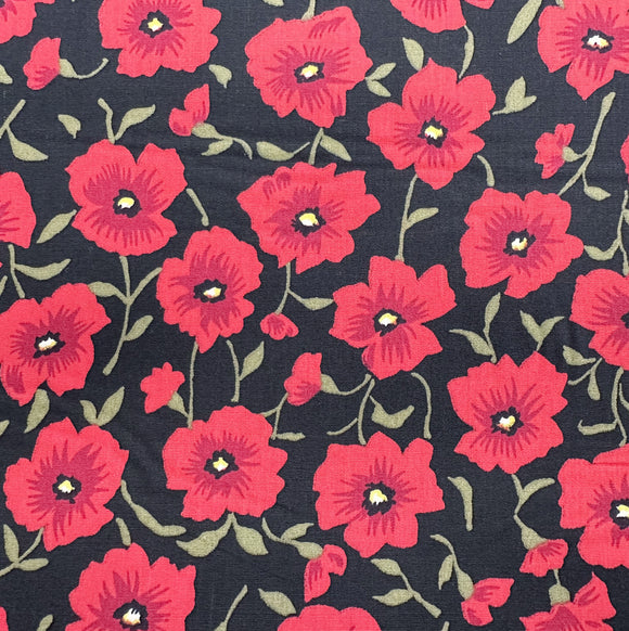Cotton Poplin  Fabric - Red Poppy Floal on Black