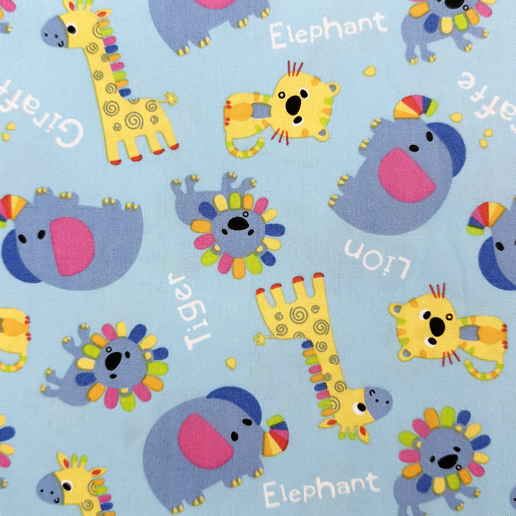Cotton Fabric - Childrens Cute Blue Safari Animals Nursery Craft Fabric Material