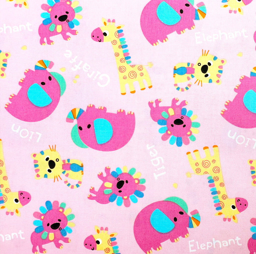 Cotton Fabric - Childrens Cute Pink Safari Animals Nursery Craft Fabric Material