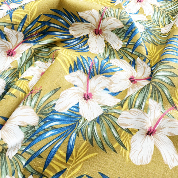 Cotton Fabric - Hawaiian Hibiscus Floral on Ochre Gold - Craft Dress Fabric Material